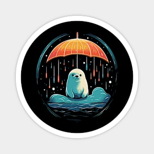 Harp Seal Rainy Day With Umbrella Magnet